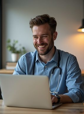 A technician smiling while working on a laptop in a home office setting, symbolizing help
IT support built for how mental health practices actually work.